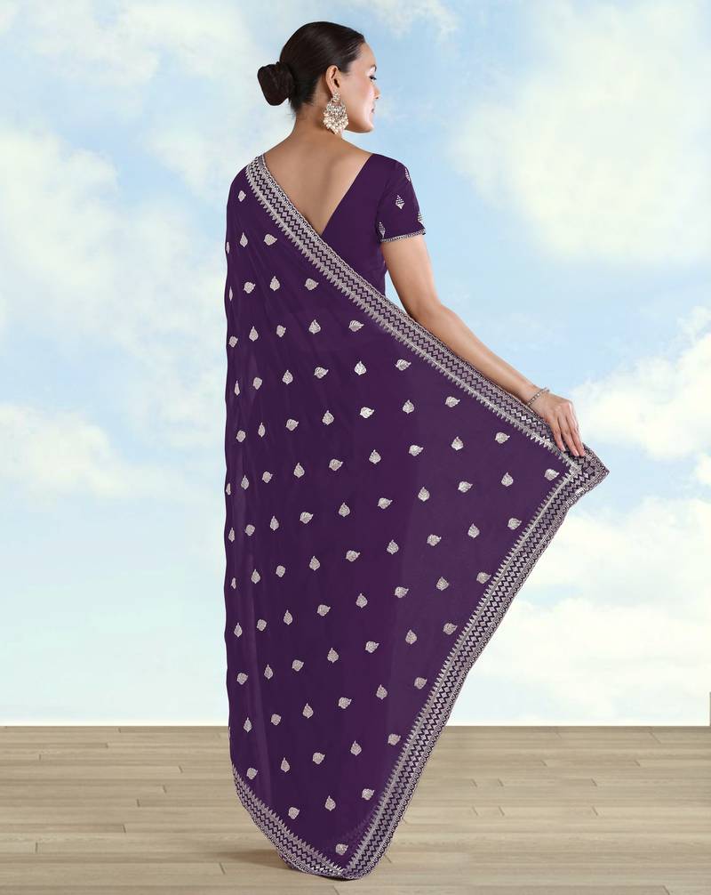 Purple georgette embroidery work saree with unstitched blouse piece