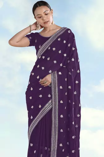 Purple georgette embroidery work saree with unstitched blouse piece