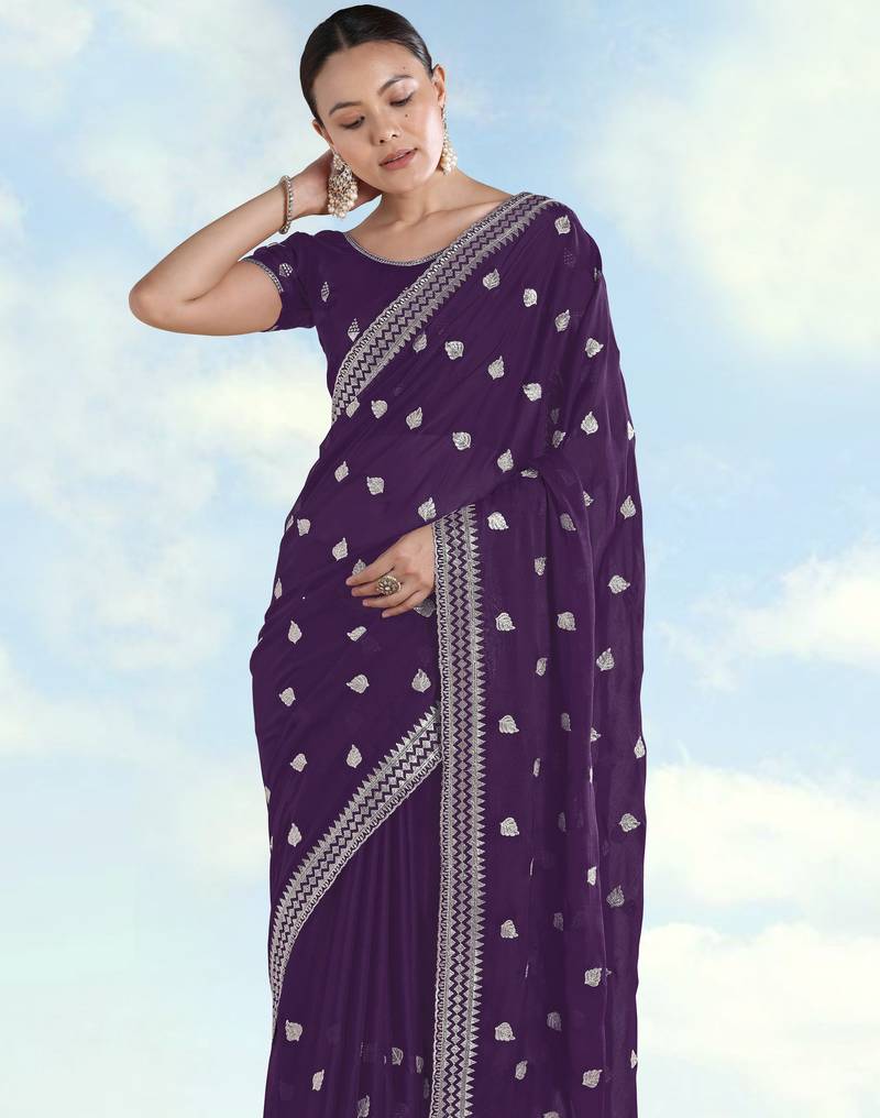 Purple georgette embroidery work saree with unstitched blouse piece