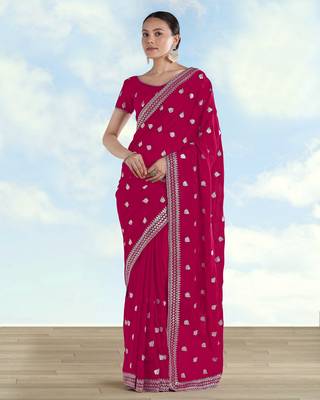 Pink georgette embroidery work saree with unstitched blouse piece 1