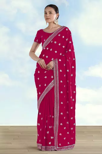 Pink georgette embroidery work saree with unstitched blouse piece