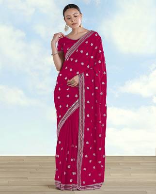 Pink georgette embroidery work saree with unstitched blouse piece 2