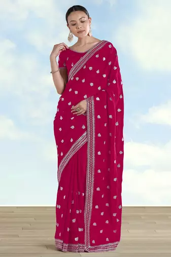Pink georgette embroidery work saree with unstitched blouse piece