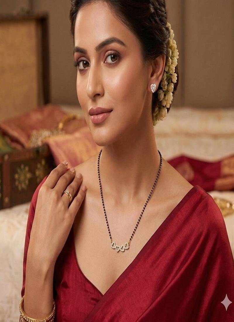 Gold Plated Heart Mangalsutra Set with CZ Studs | Black Bead Necklace Daily Wear