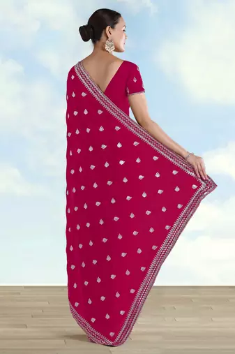 Pink georgette embroidery work saree with unstitched blouse piece