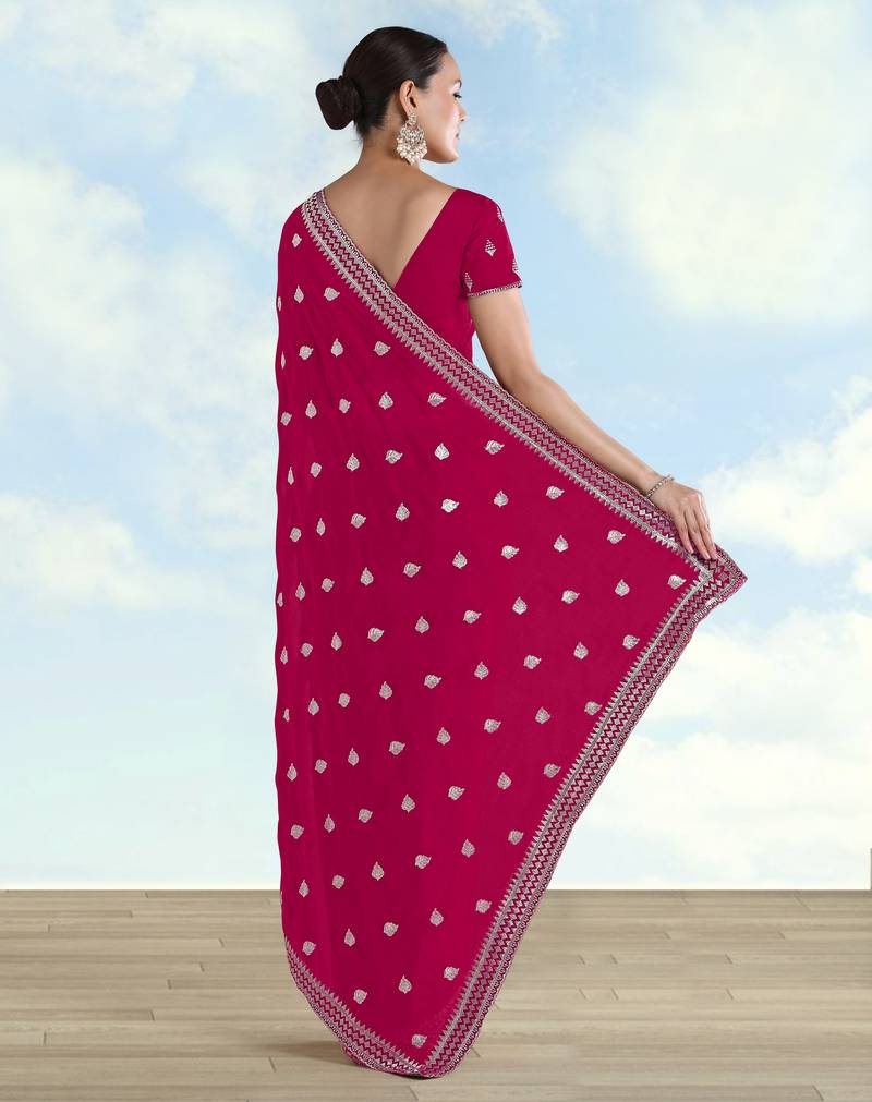 Pink georgette embroidery work saree with unstitched blouse piece
