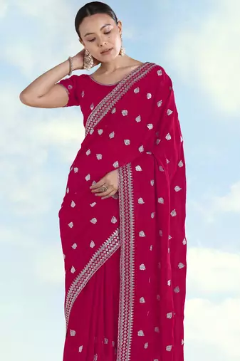 Pink georgette embroidery work saree with unstitched blouse piece