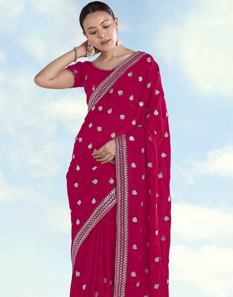Pink georgette embroidery work saree with unstitched blouse piece