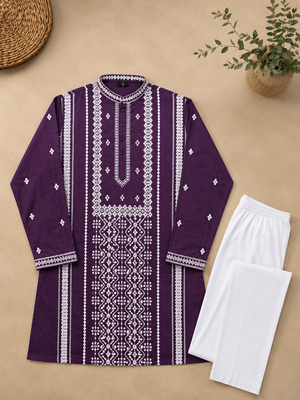 Purple color embroidery and silver sequence work silk men's kurta payjama set 4