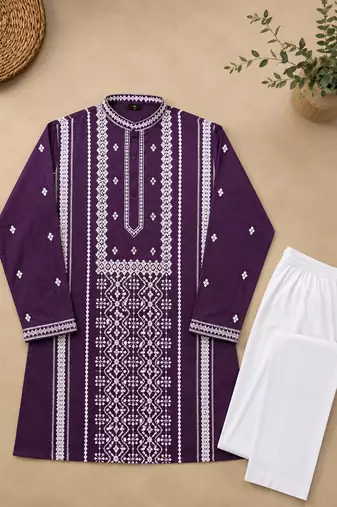 Purple color embroidery and silver sequence work silk men's kurta payjama set