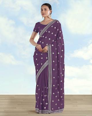 Lavender georgette embroidery work saree with unstitched blouse piece 1
