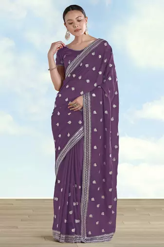 Lavender georgette embroidery work saree with unstitched blouse piece