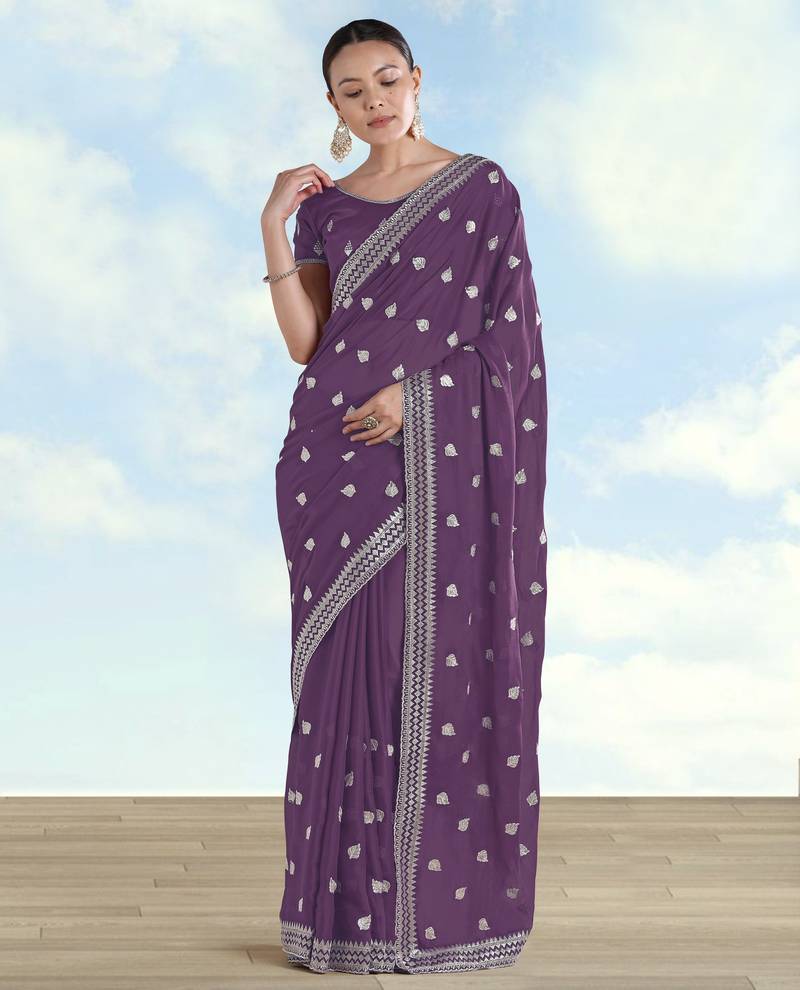 Lavender georgette embroidery work saree with unstitched blouse piece