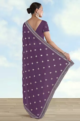 Lavender georgette embroidery work saree with unstitched blouse piece