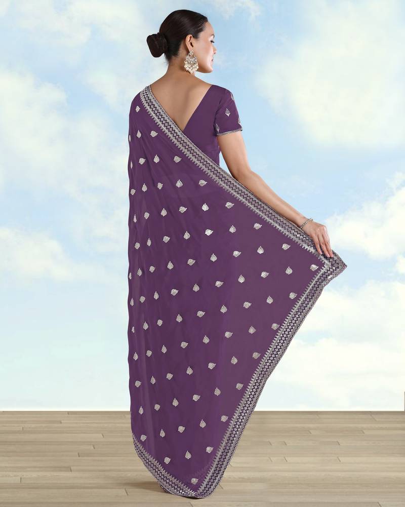 Lavender georgette embroidery work saree with unstitched blouse piece