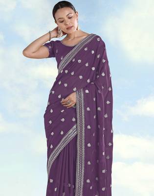 Lavender georgette embroidery work saree with unstitched blouse piece 4