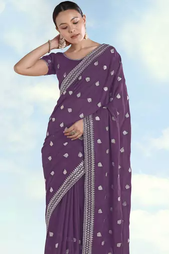 Lavender georgette embroidery work saree with unstitched blouse piece