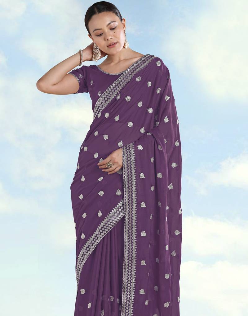 Lavender georgette embroidery work saree with unstitched blouse piece