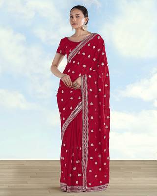 Rani pink georgette embroidery work saree with unstitched blouse piece 1