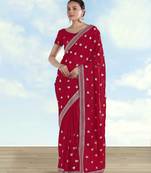 Rani pink georgette embroidery work saree with unstitched blouse piece
