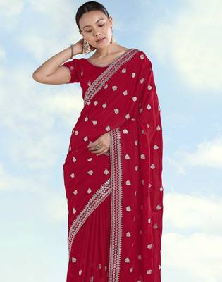 Rani pink georgette embroidery work saree with unstitched blouse piece 4