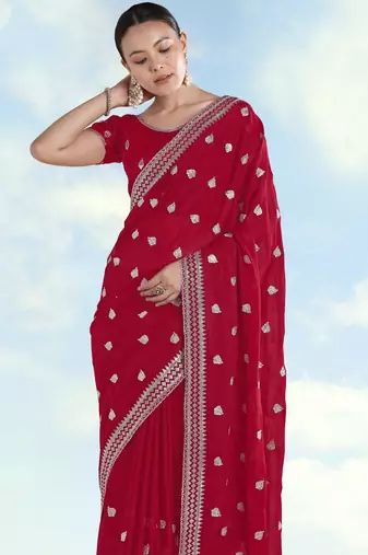 Rani pink georgette embroidery work saree with unstitched blouse piece