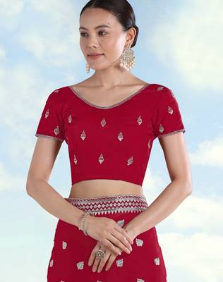 Rani pink georgette embroidery work saree with unstitched blouse piece 5