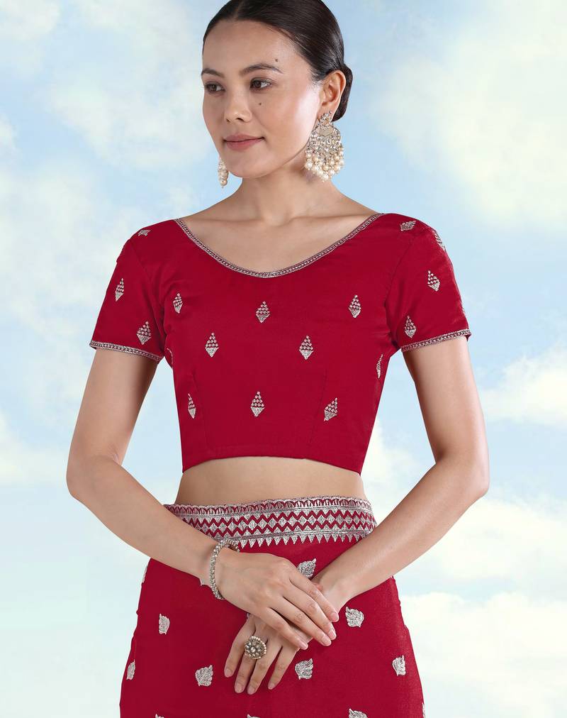 Rani pink georgette embroidery work saree with unstitched blouse piece