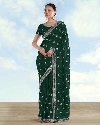 Green georgette embroidery work saree with unstitched blouse piece 1