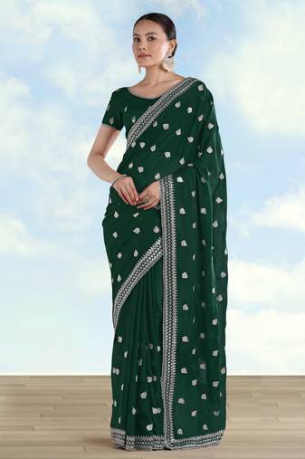 Green georgette embroidery work saree with unstitched blouse piece