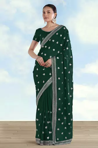 Green georgette embroidery work saree with unstitched blouse piece