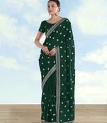 Green georgette embroidery work saree with unstitched blouse piece