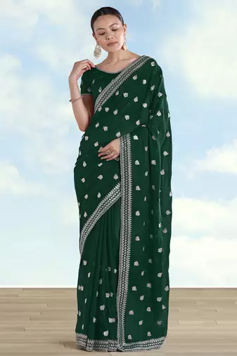 Green georgette embroidery work saree with unstitched blouse piece