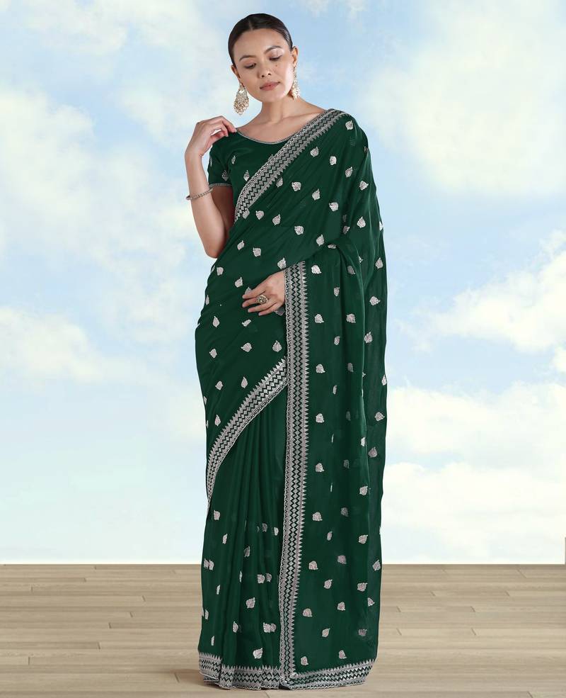 Green georgette embroidery work saree with unstitched blouse piece