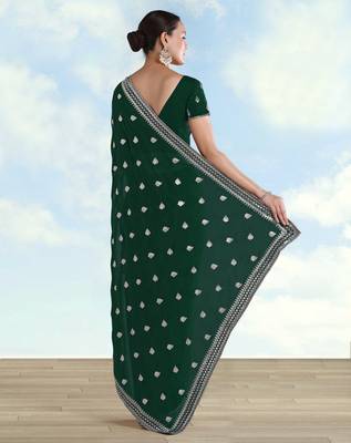 Green georgette embroidery work saree with unstitched blouse piece 3