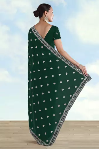 Green georgette embroidery work saree with unstitched blouse piece