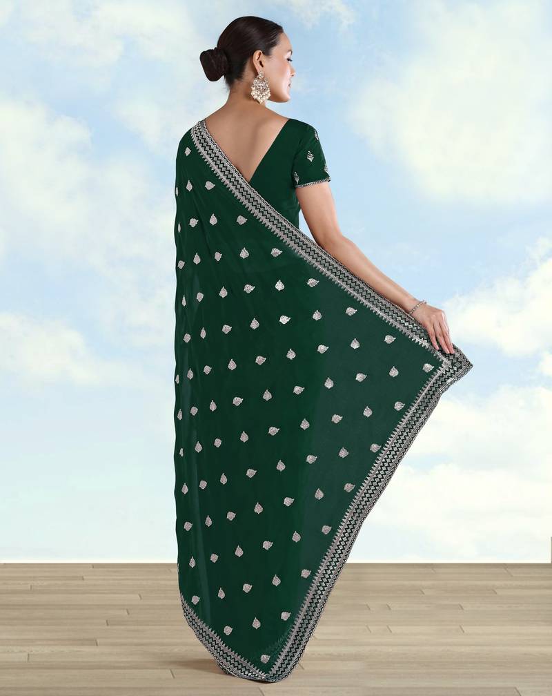 Green georgette embroidery work saree with unstitched blouse piece