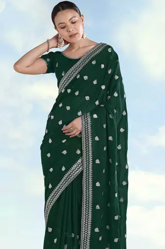 Green georgette embroidery work saree with unstitched blouse piece