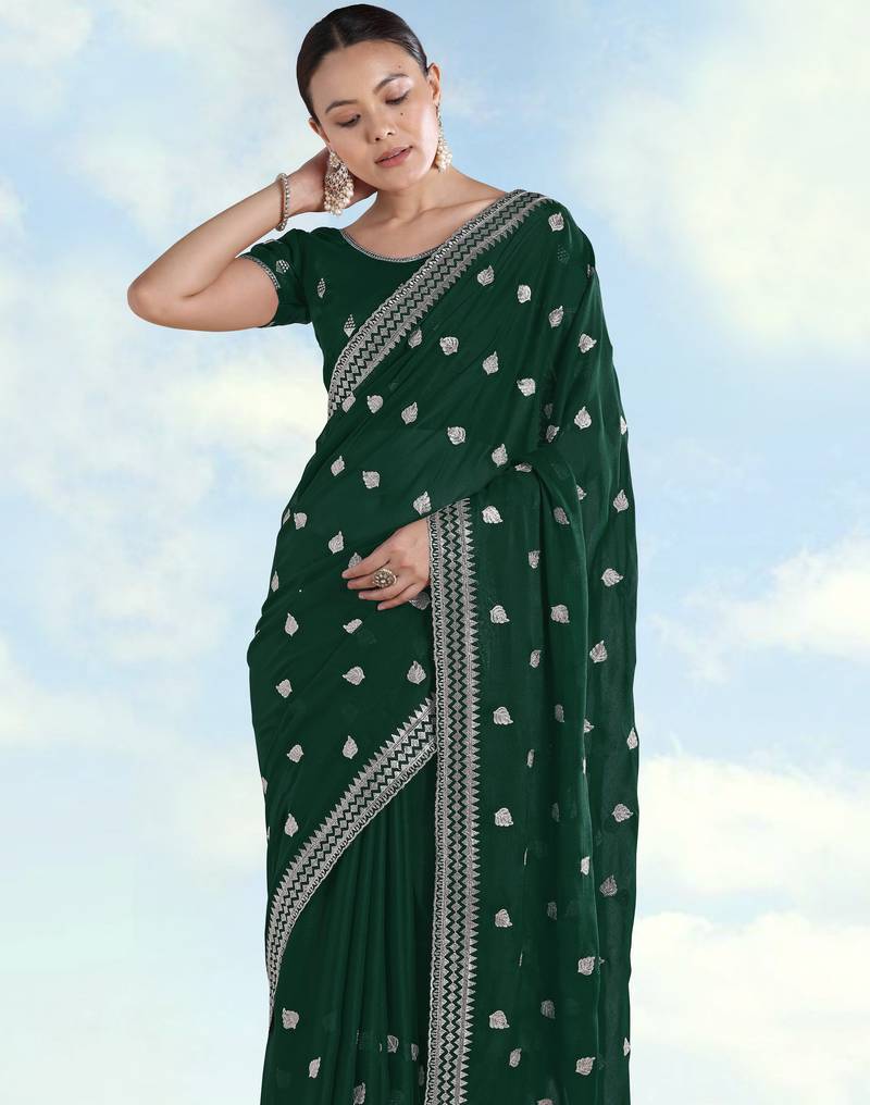 Green georgette embroidery work saree with unstitched blouse piece