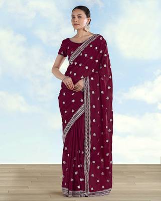 Wine georgette embroidery work saree with unstitched blouse piece 1