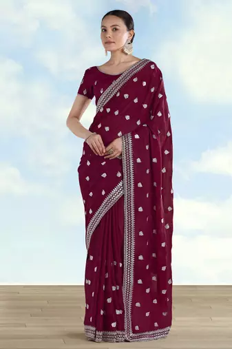 Wine georgette embroidery work saree with unstitched blouse piece