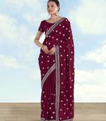 Wine georgette embroidery work saree with unstitched blouse piece