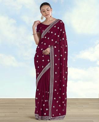 Wine georgette embroidery work saree with unstitched blouse piece 2