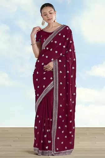 Wine georgette embroidery work saree with unstitched blouse piece