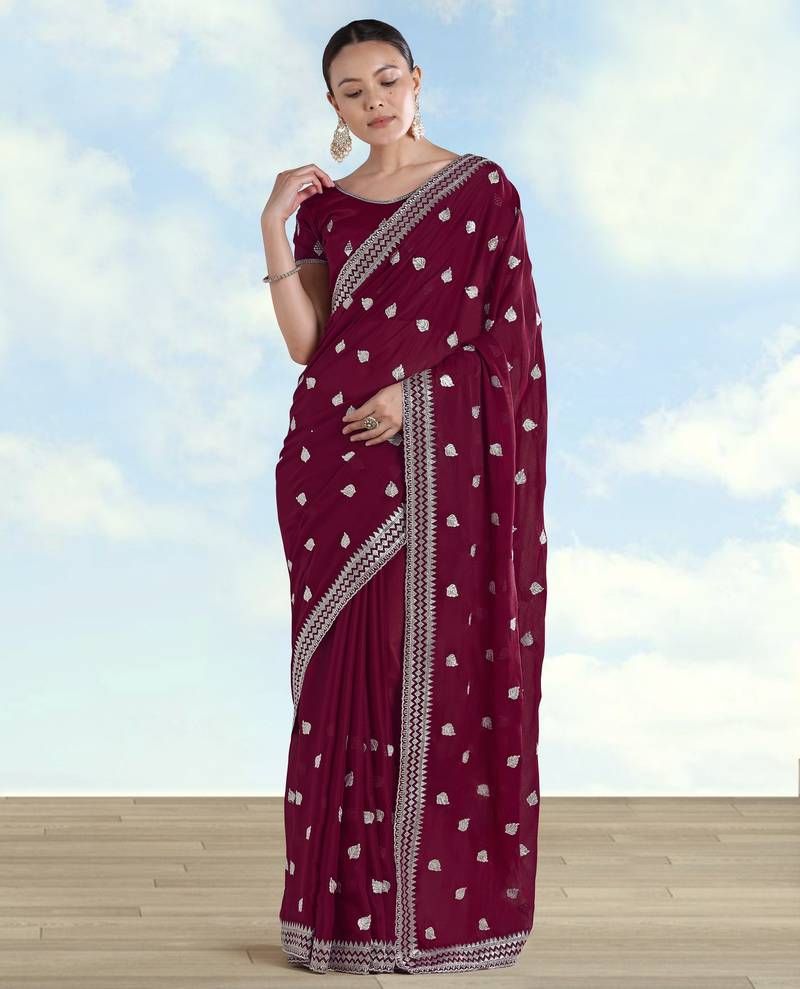 Wine georgette embroidery work saree with unstitched blouse piece