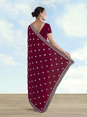 Wine georgette embroidery work saree with unstitched blouse piece 3