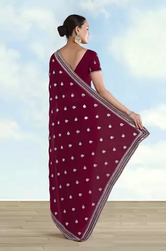 Wine georgette embroidery work saree with unstitched blouse piece