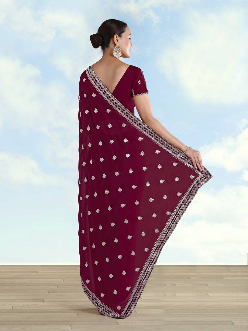Wine georgette embroidery work saree with unstitched blouse piece