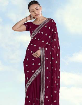 Wine georgette embroidery work saree with unstitched blouse piece 4