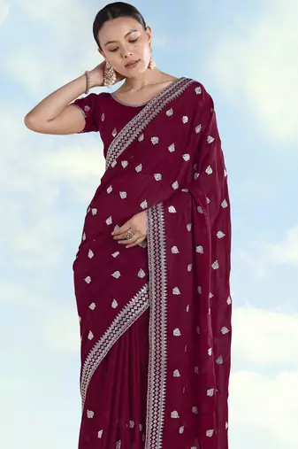 Wine georgette embroidery work saree with unstitched blouse piece